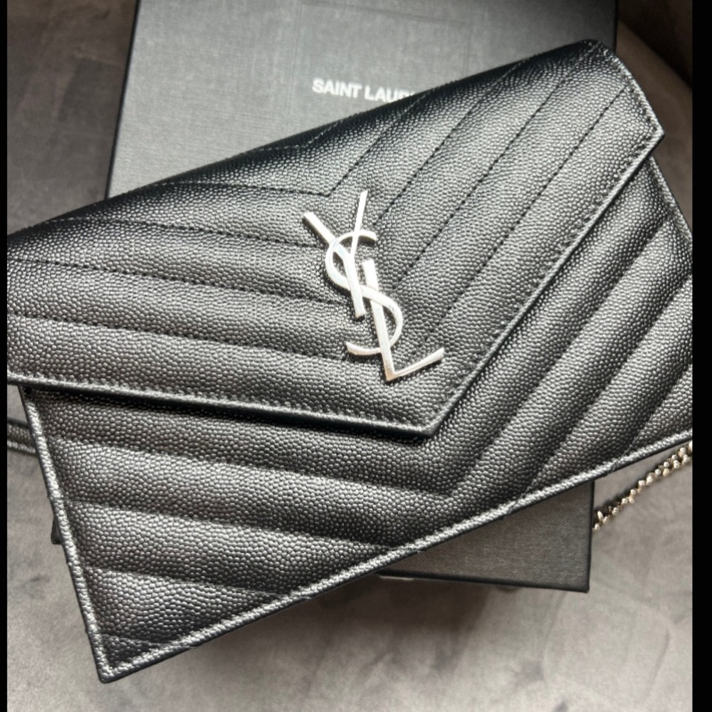 Yves Saint Laurent black Cassandre envelope flap crossbody wallet on chain